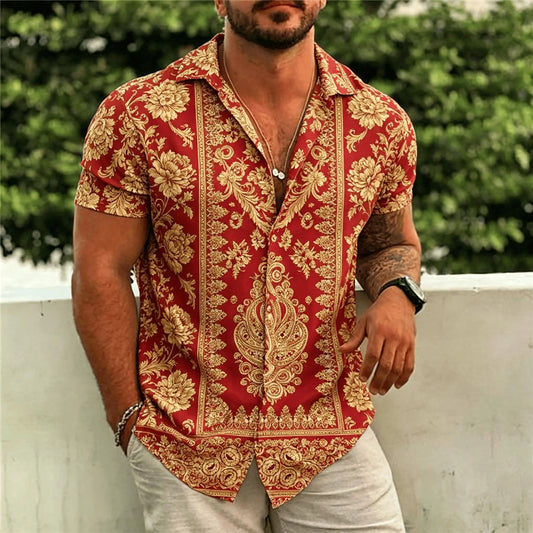 Men's Red Gold Baroque Floral Print Short Sleeve Shirt, Luxury Vintage Button Up Shirt for Spring & Summer